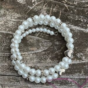 Hand Crafted Elegant White Pearl Memory Wire Bracelet with Silver Hearts Accents